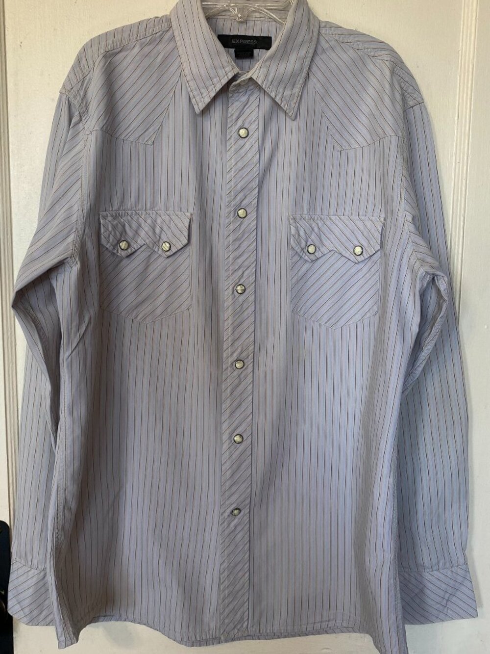 Vintage EXPRESS Shirt Mens M Pearl Snap Long Sleeve Western Stripe Pockets
